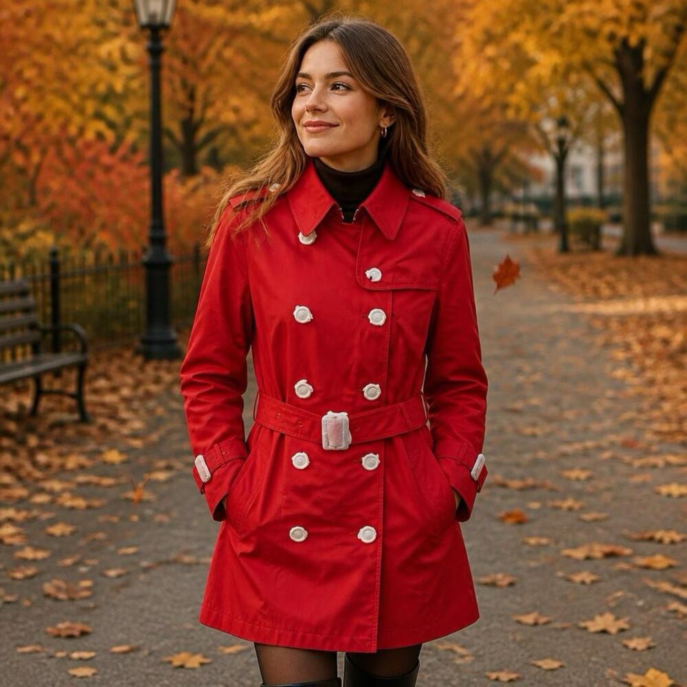 New Women L double-breasted Trendy trench coat Jacket Red Belted Pockets Buttons